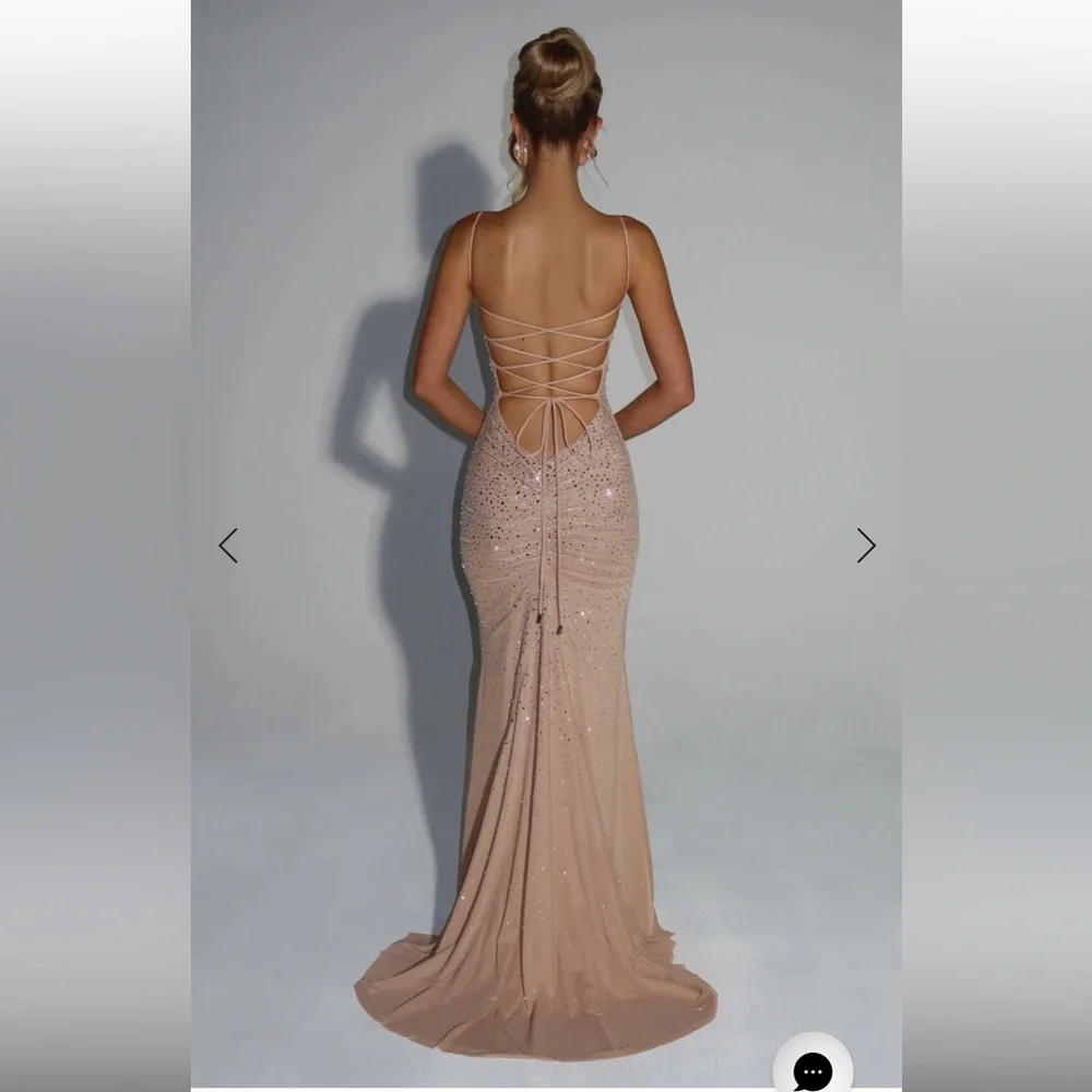 Nude Beaded Spaghetti-Strap Evening Gown - Picture 2 of 4